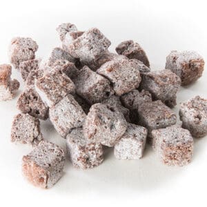 Pile of brownie pieces on a white background