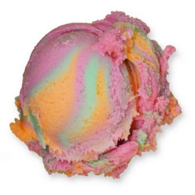 Scoop of Chocolate Shoppe Ice Cream's Rainbow Sherbet flavor