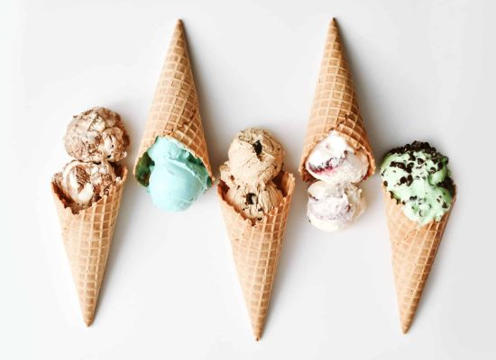 Chocolate Shoppe Ice Cream flavors in waffle cones